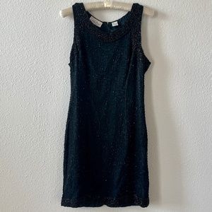 Vintage 80s black beaded silk Laurence Kazar LBD, size Small